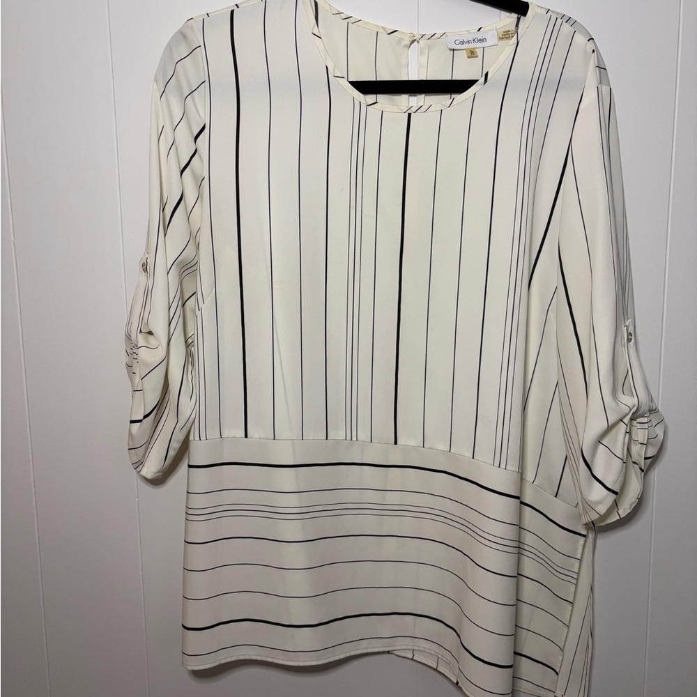 Calvin Klein Cream Blouse with Cuffed Sleeves and Mandarin Collar